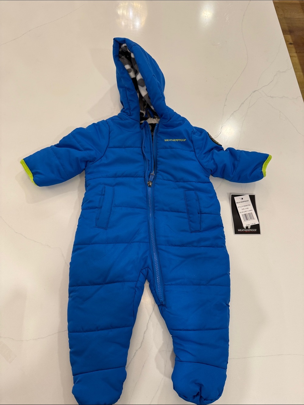 Weatherproof Bright Blue Infant Snowsuit with Lime Trim